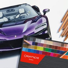 drawing of a ferrari sf90 spider in purple next to a box of caran d'ache luminance colored pencils