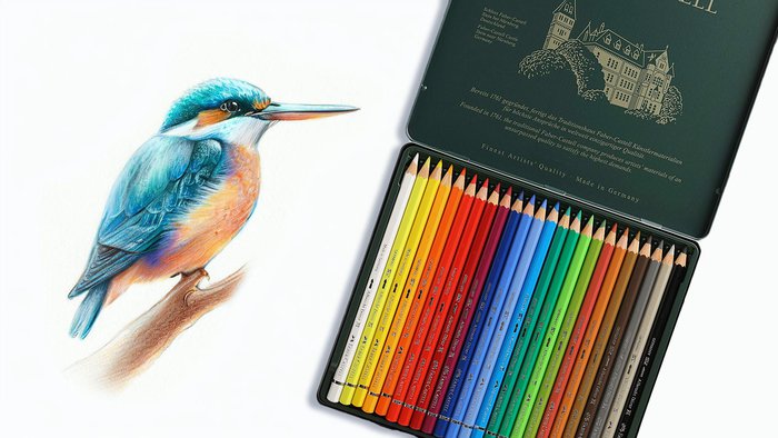 drawing of a king fisher made with watercolor pencils next to a box of faber castell albrecht durer watercolor pencils - best watercolor pencils