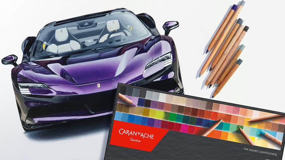 A drawing of a ferrari SF90 made with wax-based colored pencils next to a box of wax-based caran d'ache luminance colored pencils.