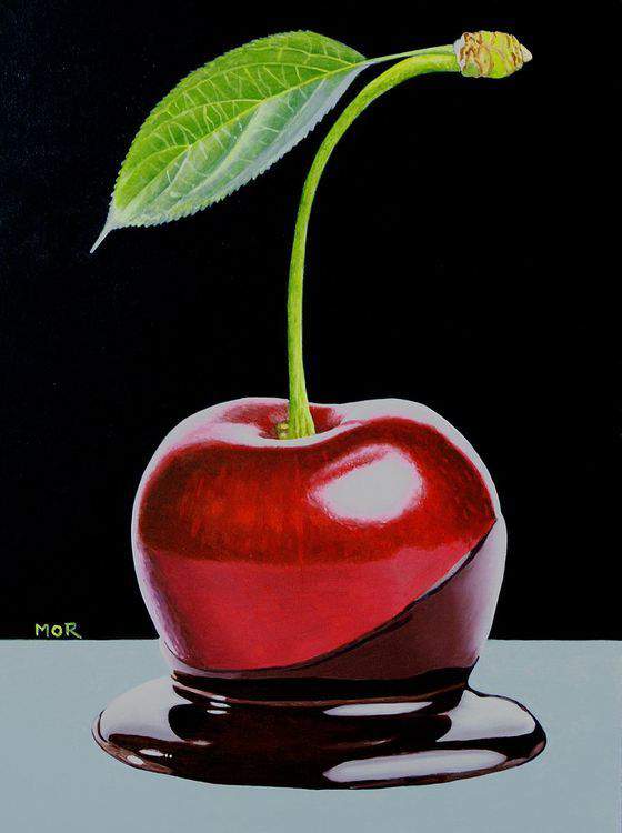 Realistic colored pencil drawing of a cherry dipped in chocolate