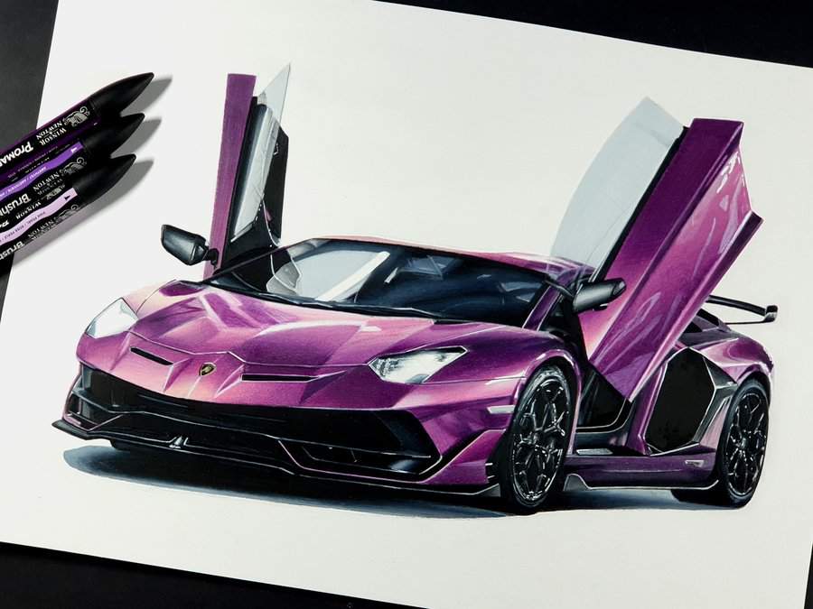 Realistic colored pencil car drawing of a lamborghini aventador svj in purple magenta