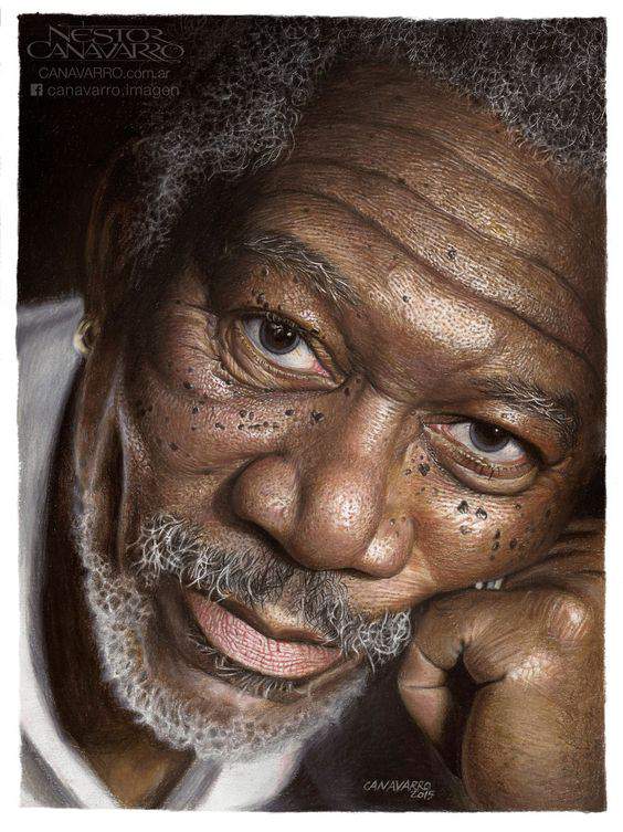 realistic colored pencil drawing of a portrait of morgan freeman