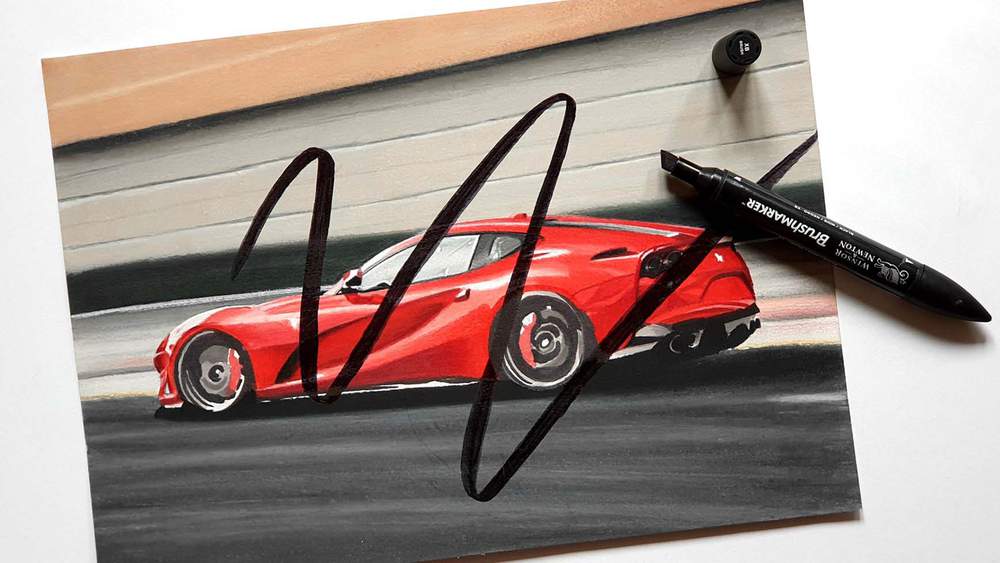 drawing of a ferrari 812 superfast with a big black stripe across it - drawing tips for beginners