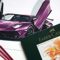 Realistic Car Drawing of a purple lamborghini aventador svj Made With Faber-Castell Polychromos Colored pencils