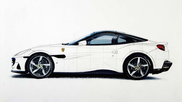 drawing of a car, a ferrari portofino in blue. Only the darkest parts are colored: the wheels, the shadow, the windows, the interior, the headlights, the grills. - car drawing tips