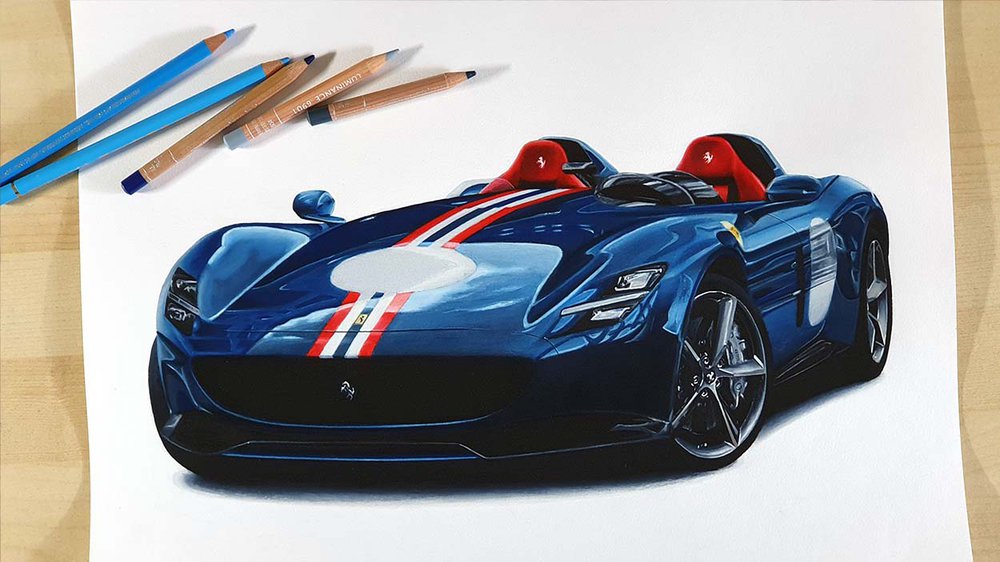 realistic car drawing of a ferrari monze sp2 in dark blue - car drawing tips