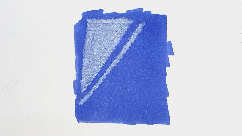 a square layer of purple blue winsor and newton promarker alcohol marker with white highlights drawn on top with a white caran d'ache colored pencil