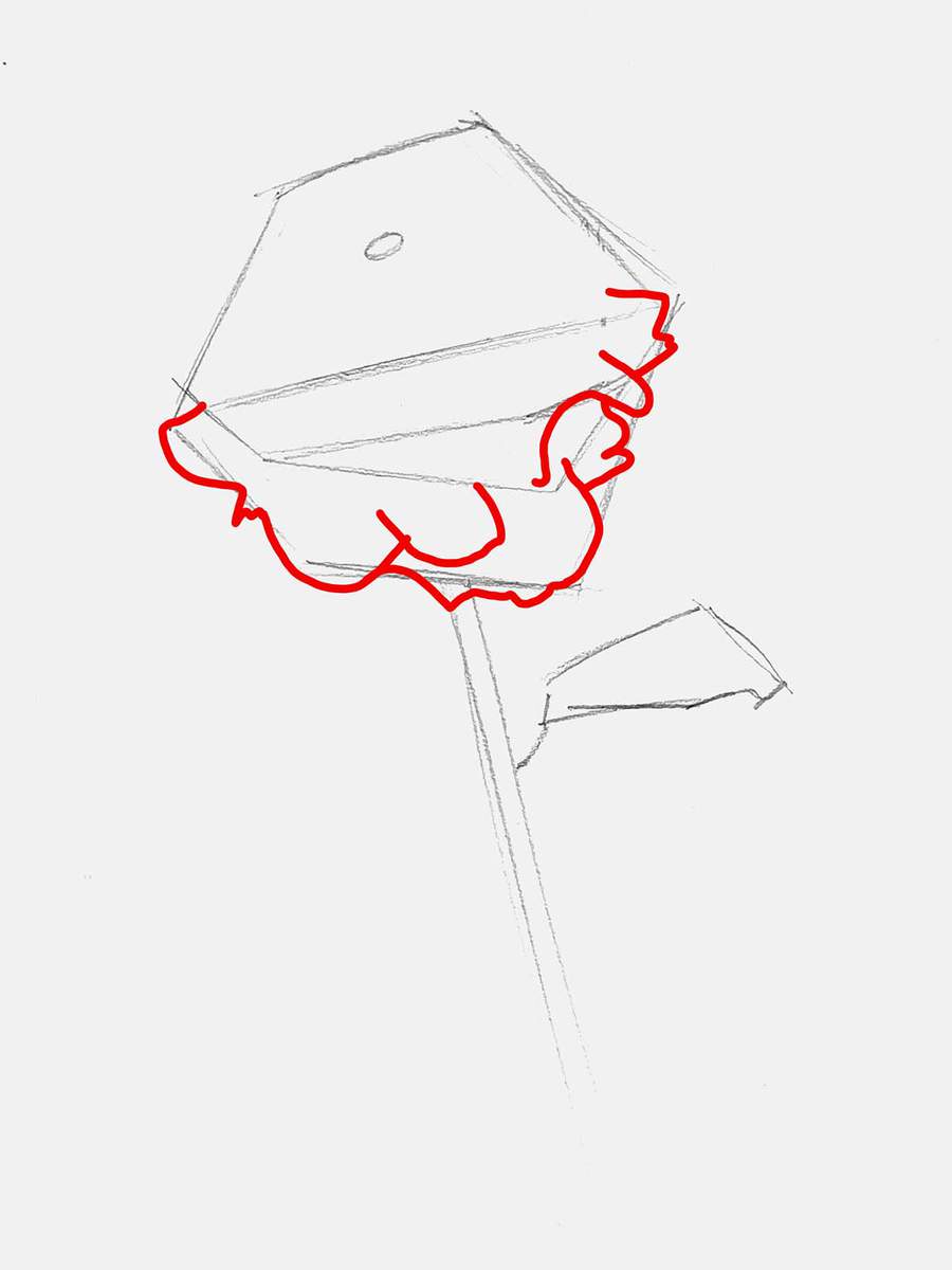 Use the construction lines to sketch the bottom row of rose petals