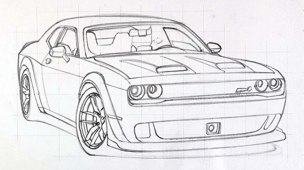 How to sketch a Dodge Challenger SRT Hellcat