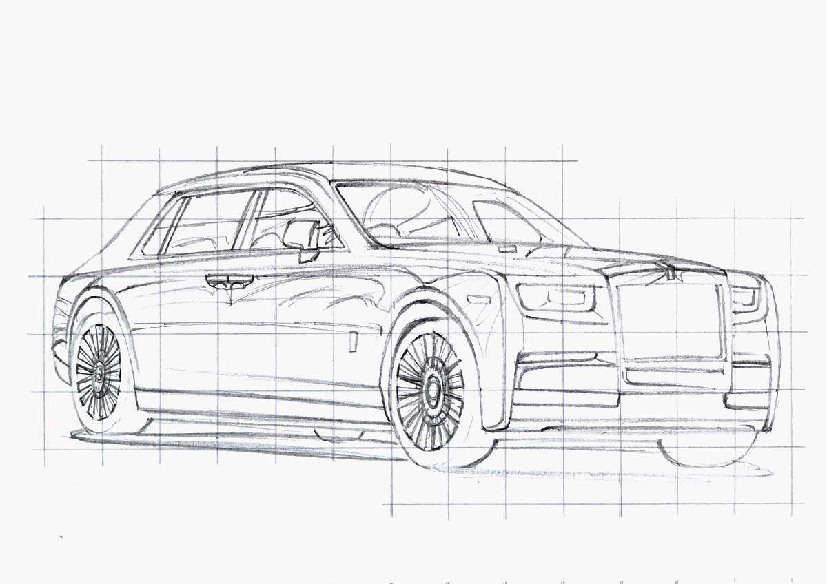 Step 4.8 of how to draw a rolls royce phantom: mark where the reflections are going to go on the body of the rolls royce