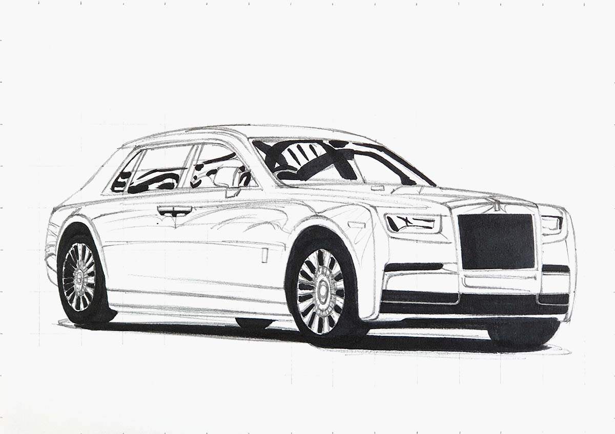 Step 5.1 of how to draw a rolls royce phantom: color all pure black parts