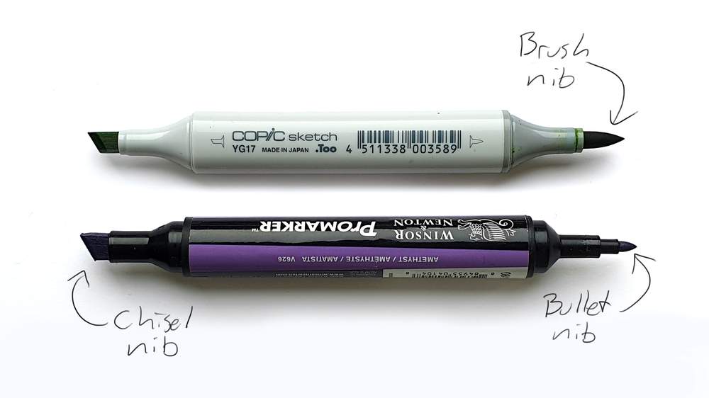 Imager showcasing the different nibs available on alcohol markers: Bullet nib, brush nib and the chisel nib