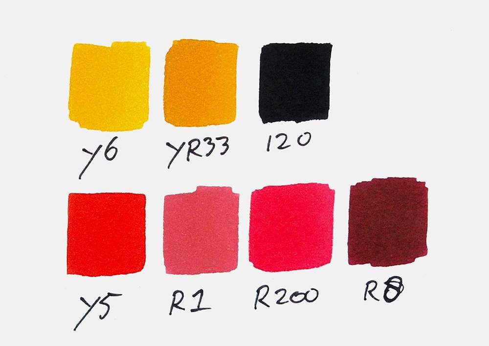 Swatches of the Ohuhu colors used to make this Pikachu drawing