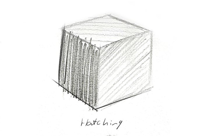 Cube drawn using the hatching method