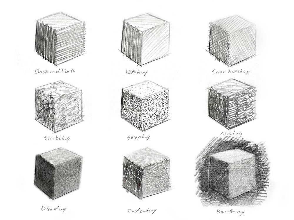 Overview of different pencil sketching techniques: hatching, cross hatching, circling, blending, indenting, back and forth, rendering, scribbling, stippling/pointilism