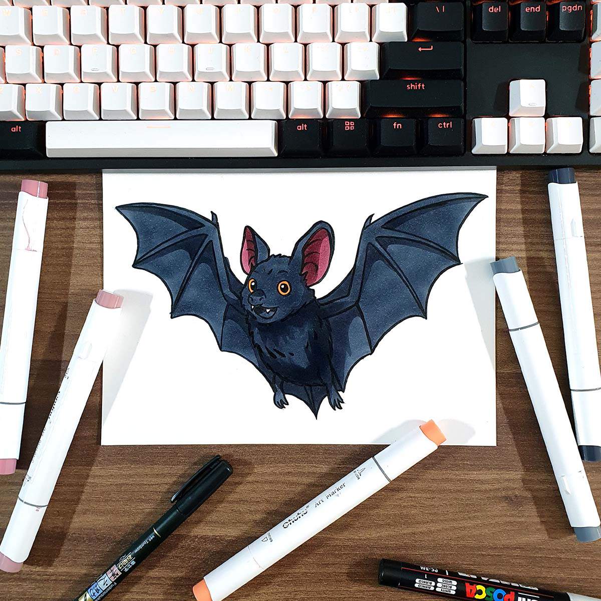 marker drawing of a cute flying bat
