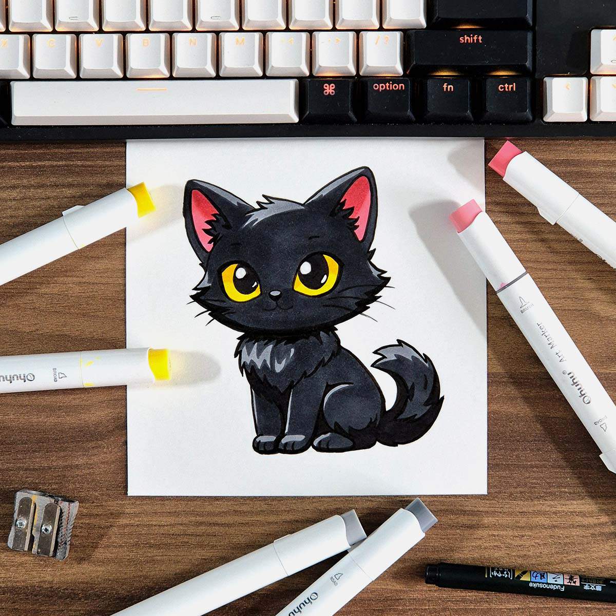 marker drawing of a black cat