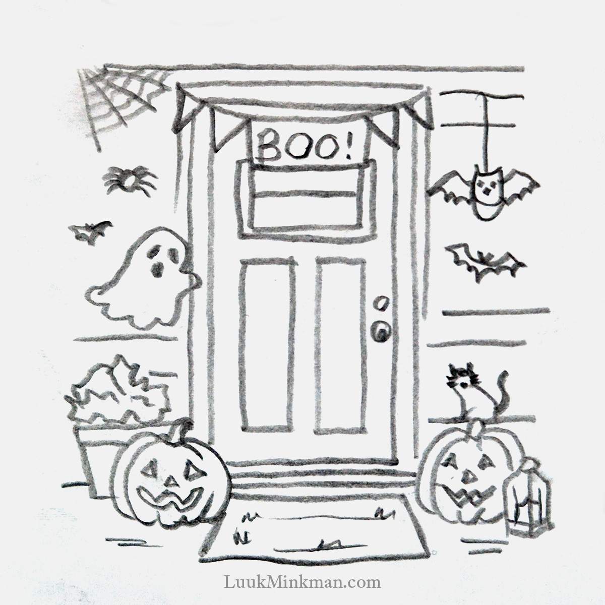 simple pencil drawing of a decorated Halloween door