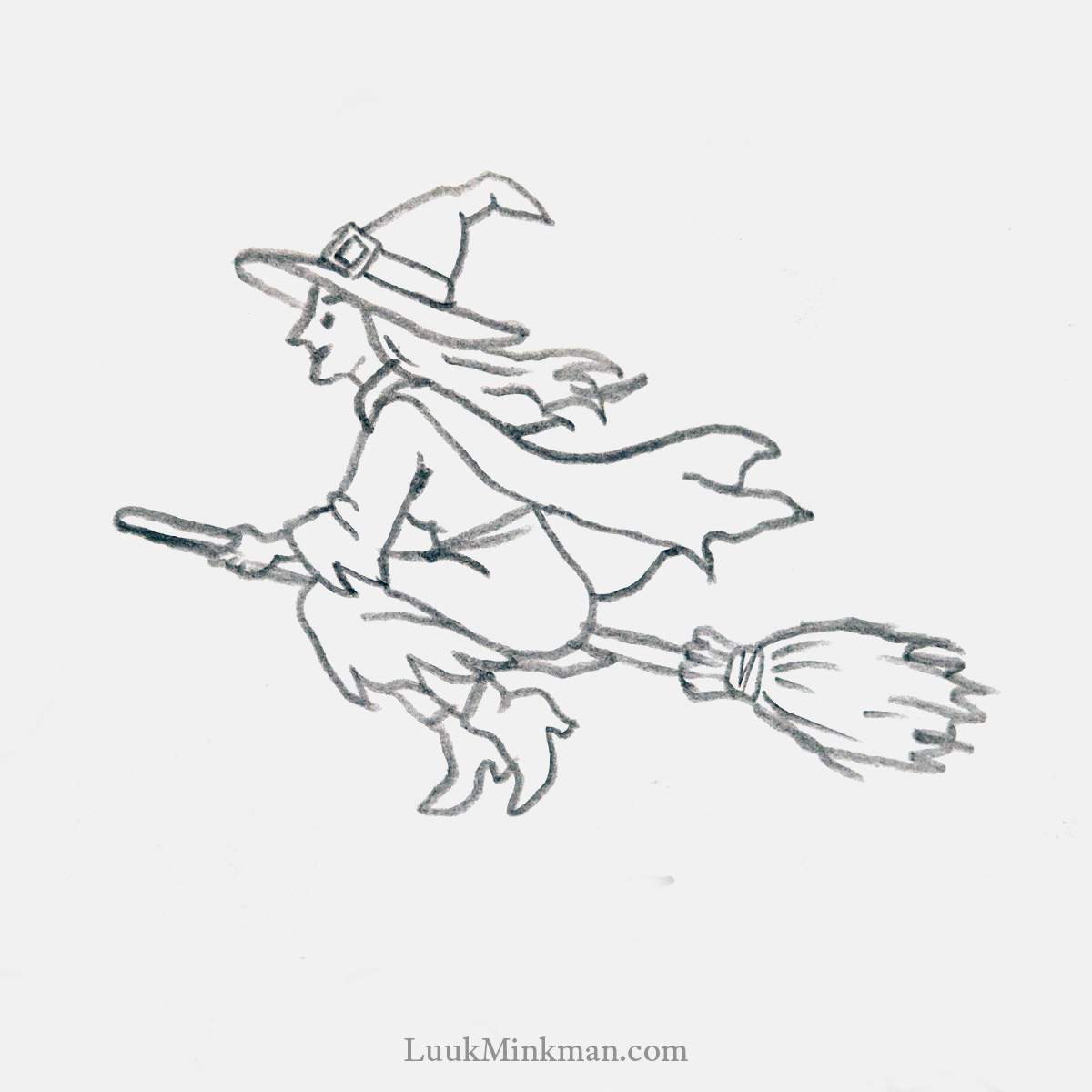 simple pencil drawing of a witch flying on a broomstick