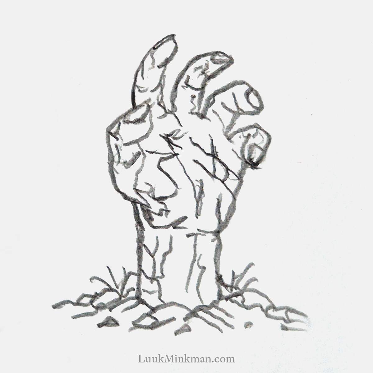 simple pencil drawing of a weathered zombie hand rising from the ground