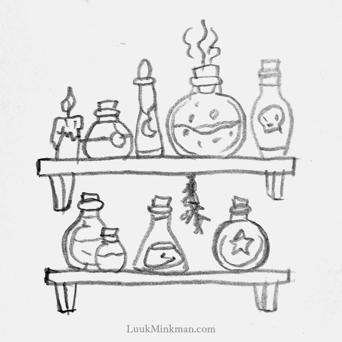 simple pencil drawing of several magical potion bottles on a shelf