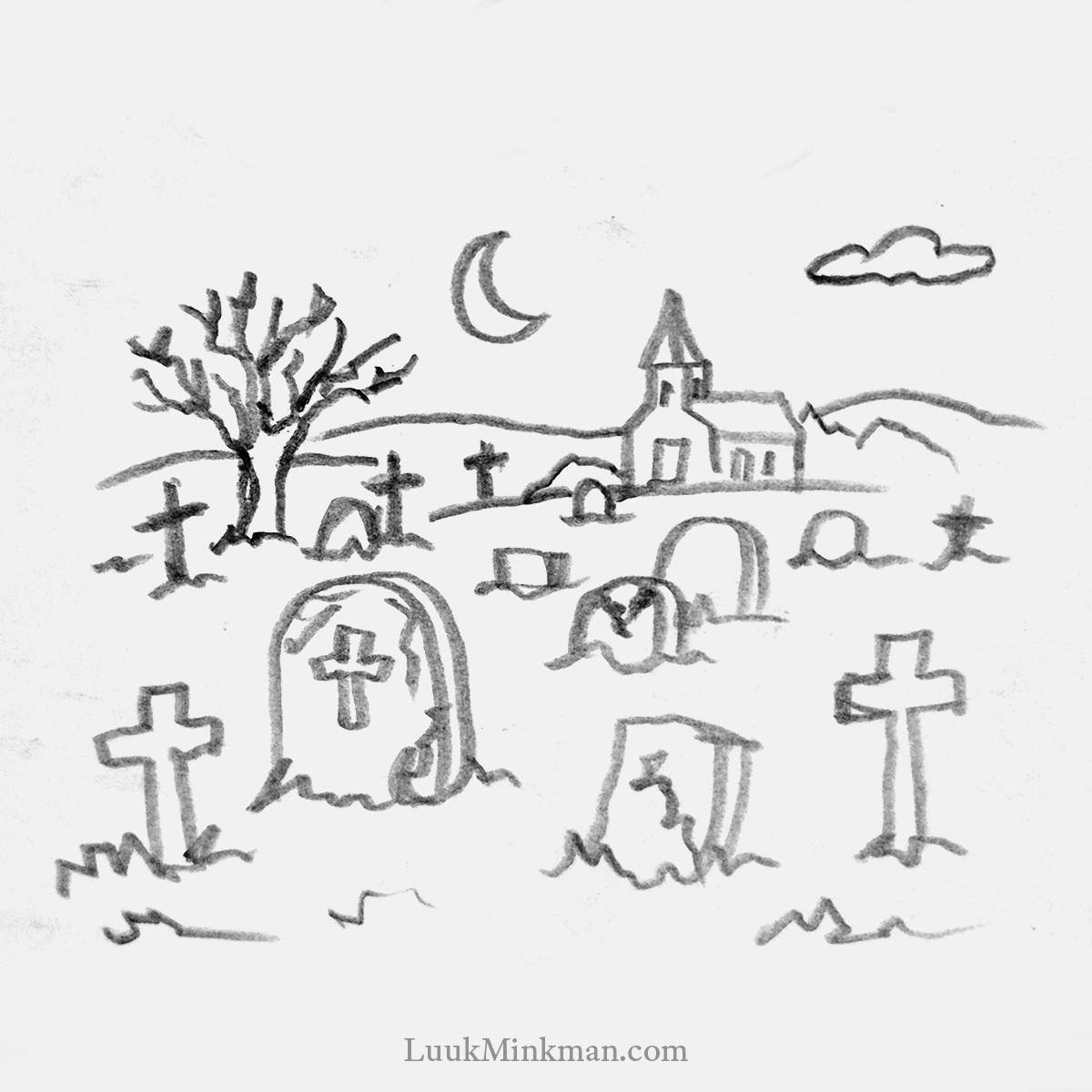 simple pencil drawing of a spooky graveyard