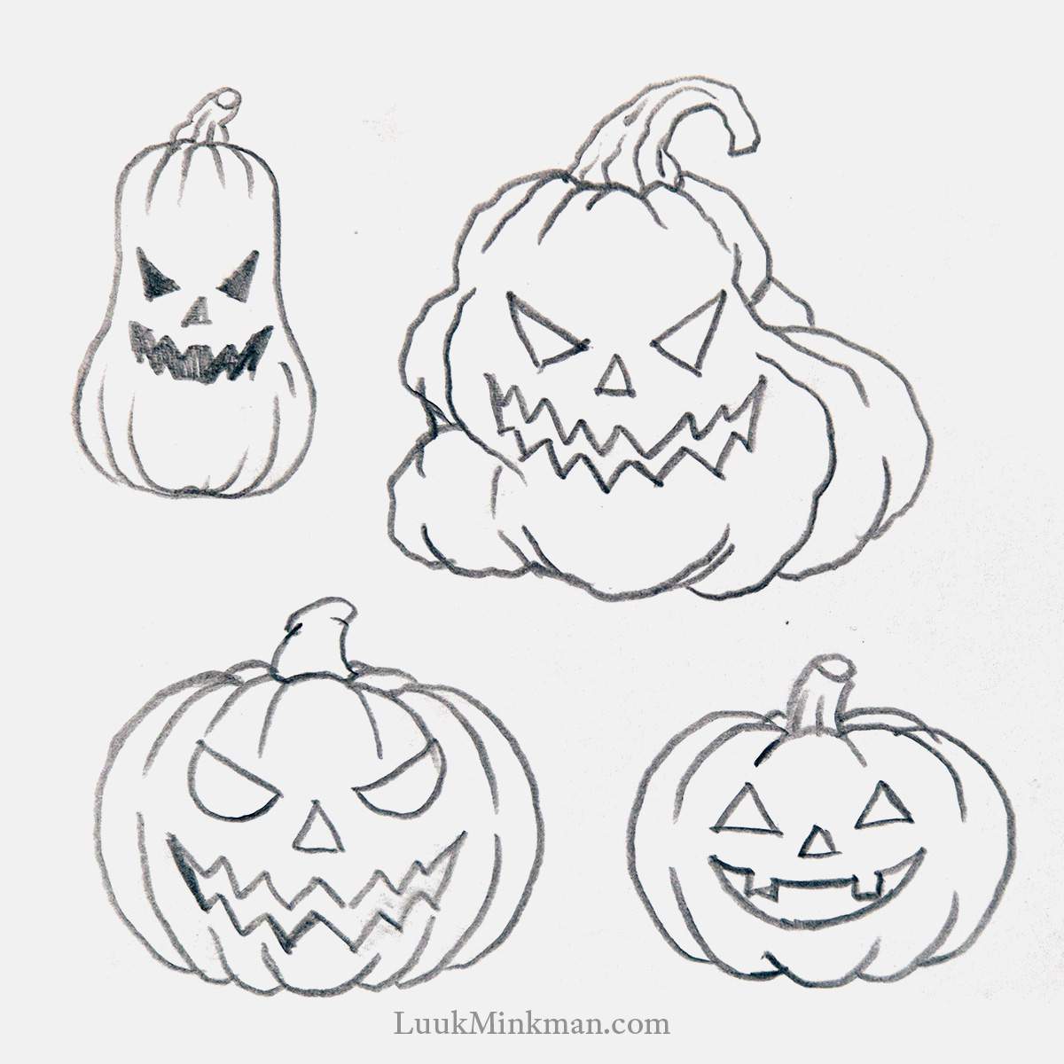 simple pencil drawing of four different jack-o'-lantern designs