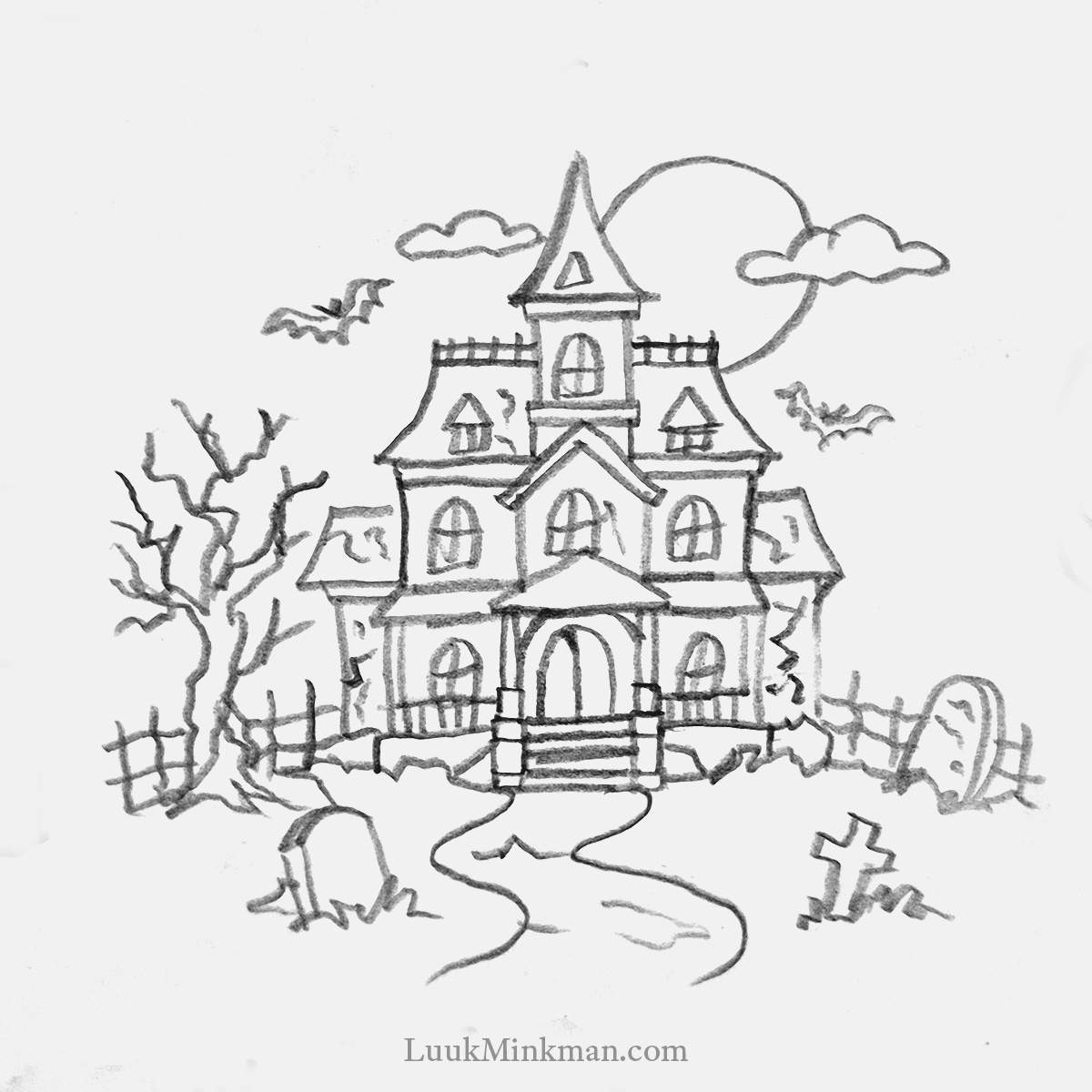 simple pencil drawing of a spooky and creepy haunted mansion