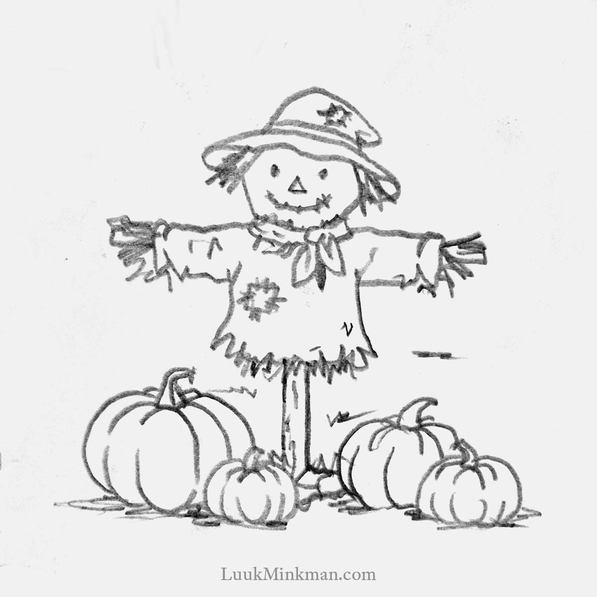 simple pencil drawing of a scarecrow on a pumpkin patch