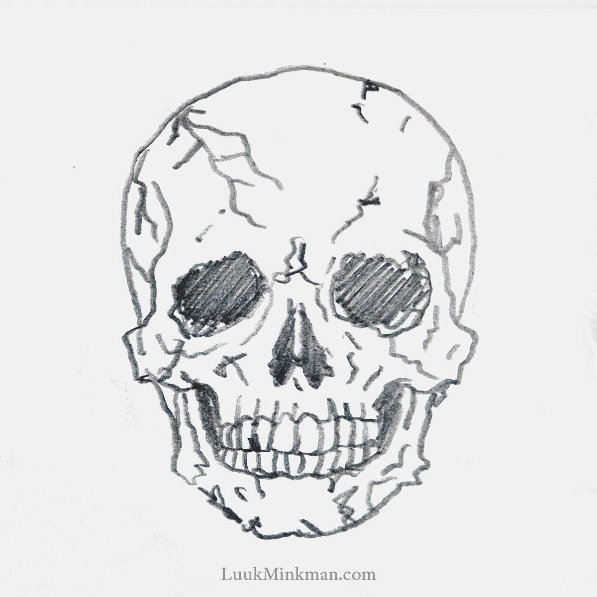 simple pencil drawing of an old and weathered skull with cracks