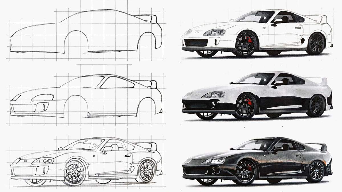 6 steps of the process of drawing a realistic drawing of a toyota supra mk4