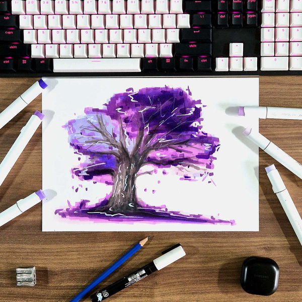 step by step drawing guide to drawing a magiocal pruple tree with alcohol markers