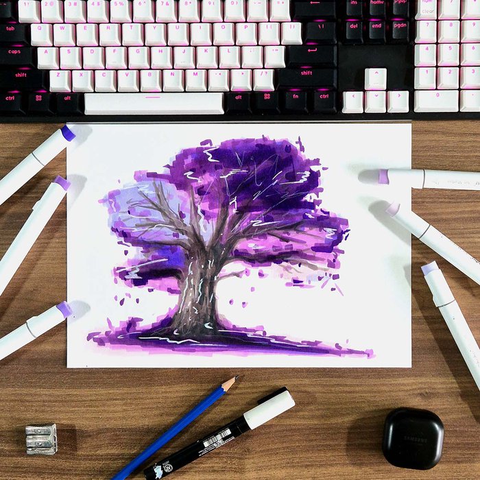step by step drawing guide to drawing a magiocal pruple tree with alcohol markers