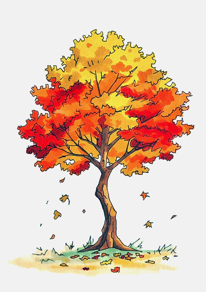 Use faded green and yellow tones to color the ground around the base of the fall tree