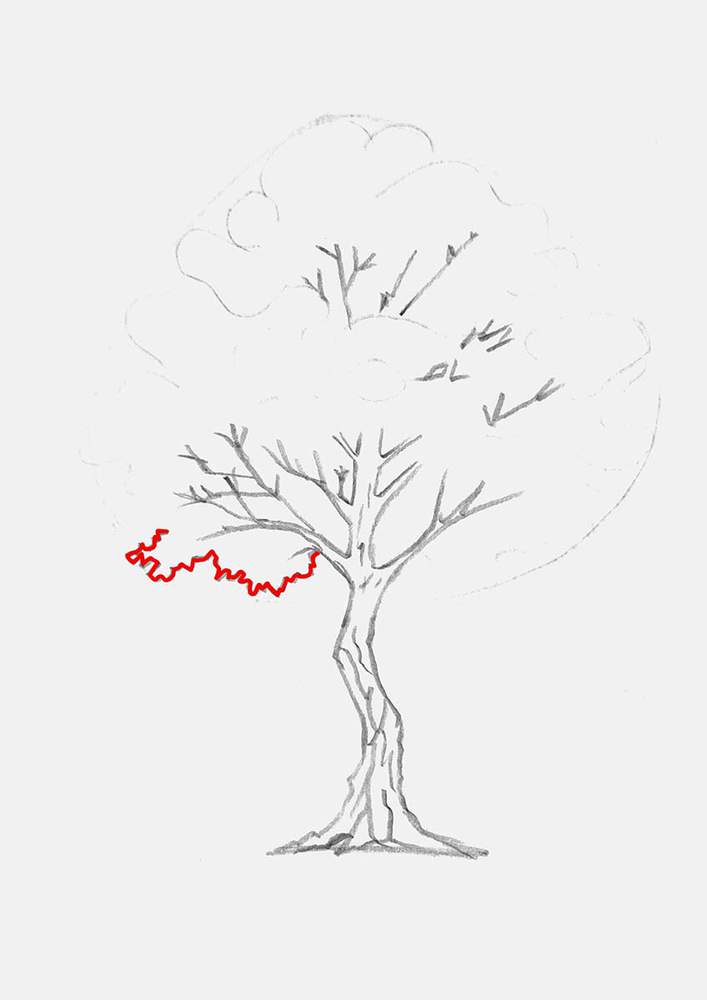 Add a leaf texture to the foliage of the maple tree, following the guiding lines of the leaf cluster. To create the texture, I used zigzag lines.