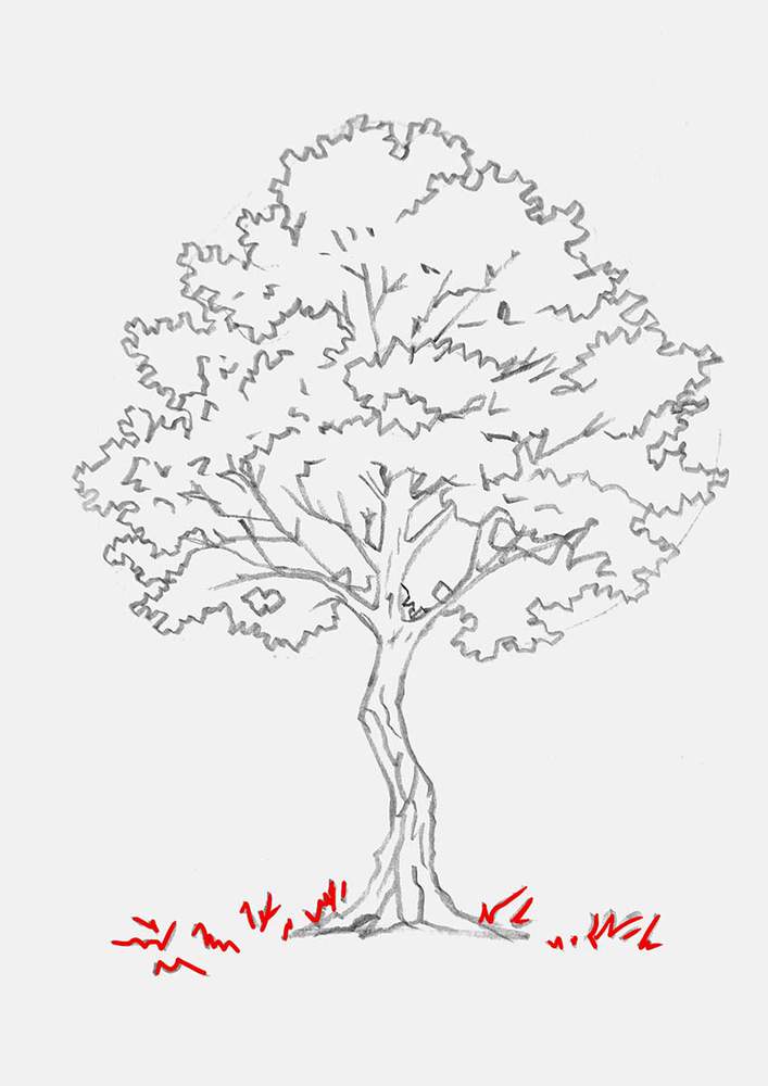 Cover the ground surrounding the base of the tree with some long grass blades