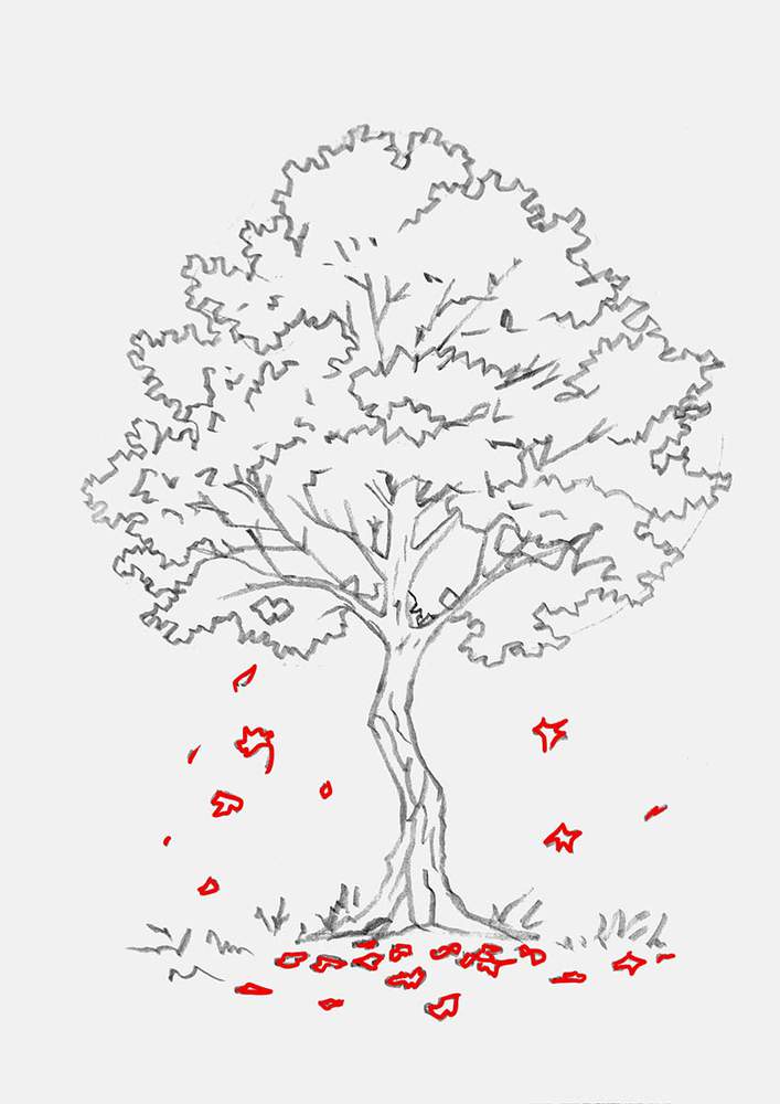 Add falling leaves to make this maple tree drawing look like a fall tree