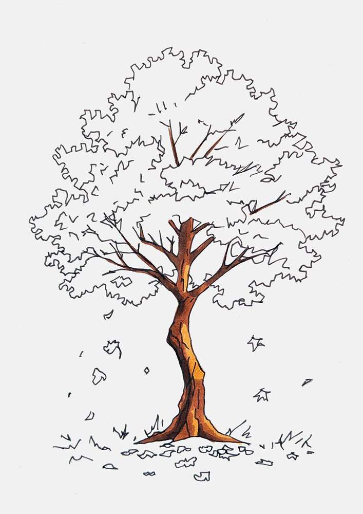 Add dark shading to the tree trunk with dark brown