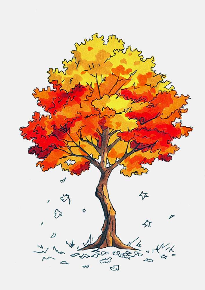 Lastly, use a very dark red marker to add some final dark shadows in just a few places to create more depth to the fall tree drawing