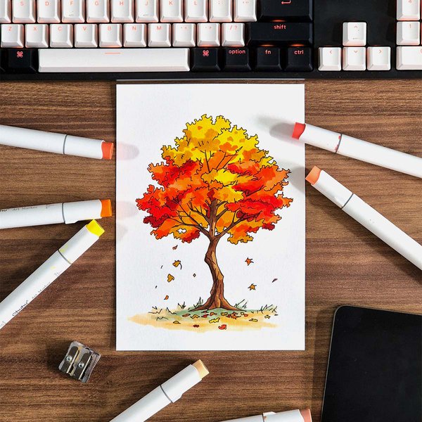 Fall tree drawing made with markers