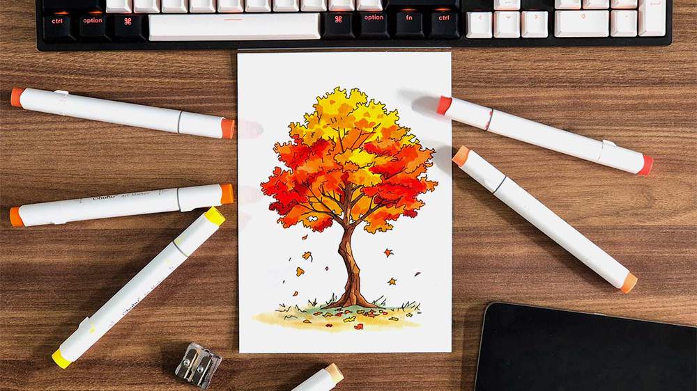Step by step guide on how to draw a maple tree with fall colored leaves