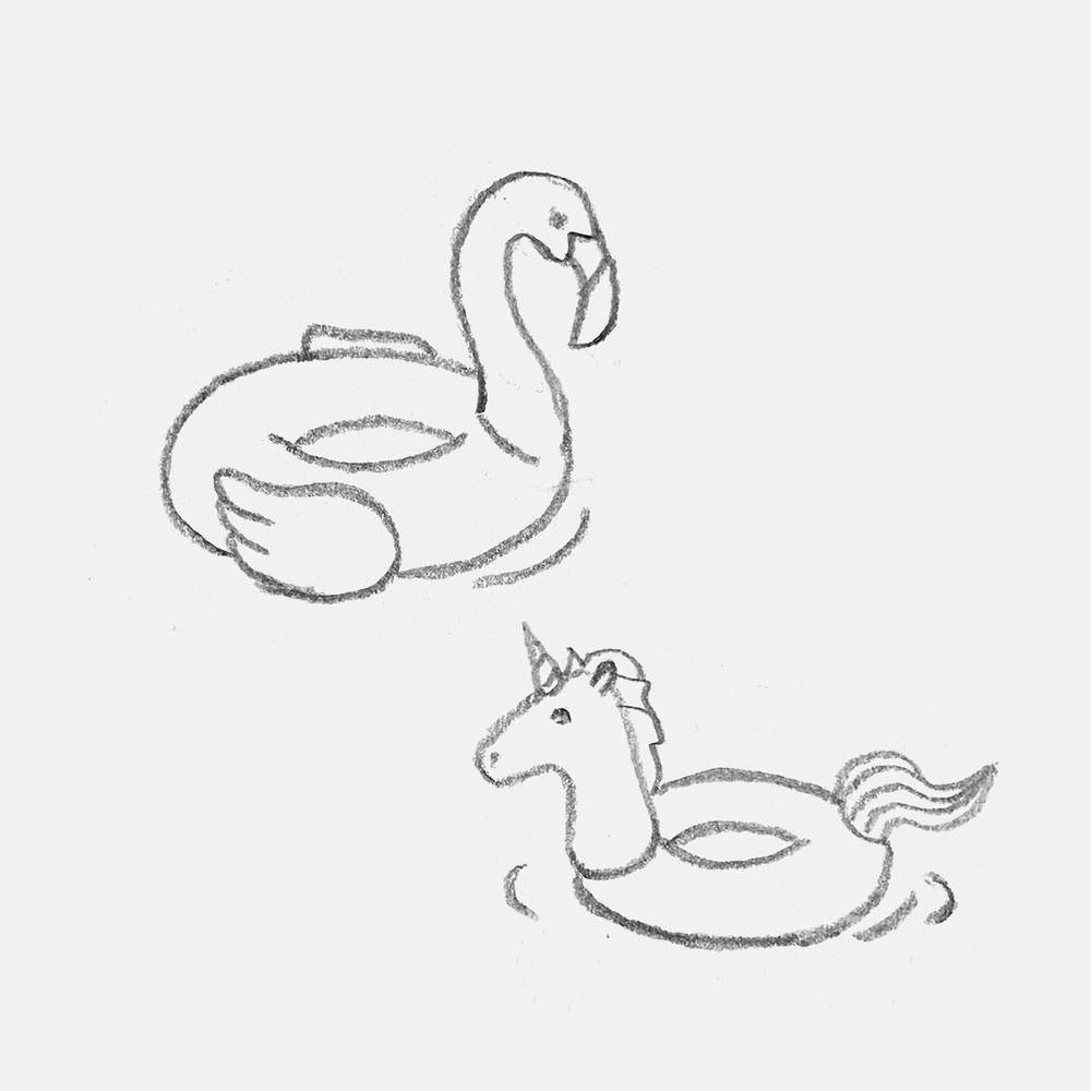 simple doodle of a flamingo and a unicorn pool floaty