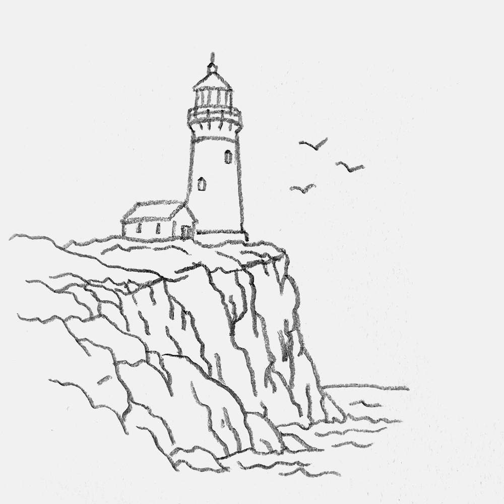 easy drawing of a lighthouse of a cliff
