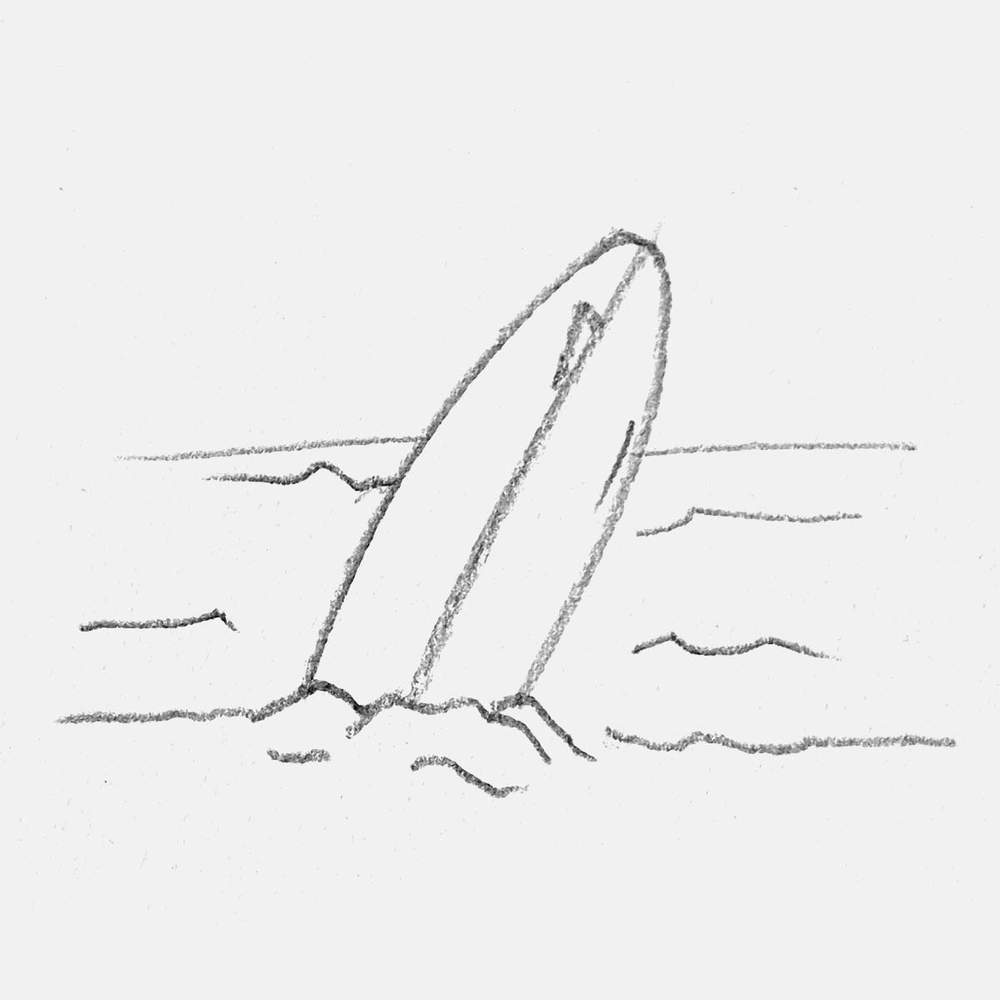 doodle of a surfboard standing in the sand