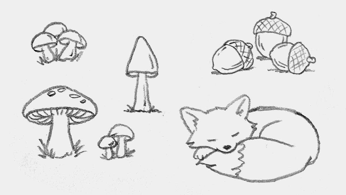 simple fall drawing ideas: mushrooms, acorns, sleeping fox, and more
