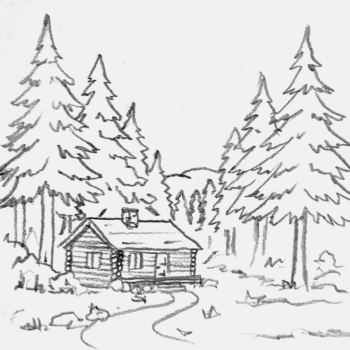 simple pencil sketch of a woodland cabin