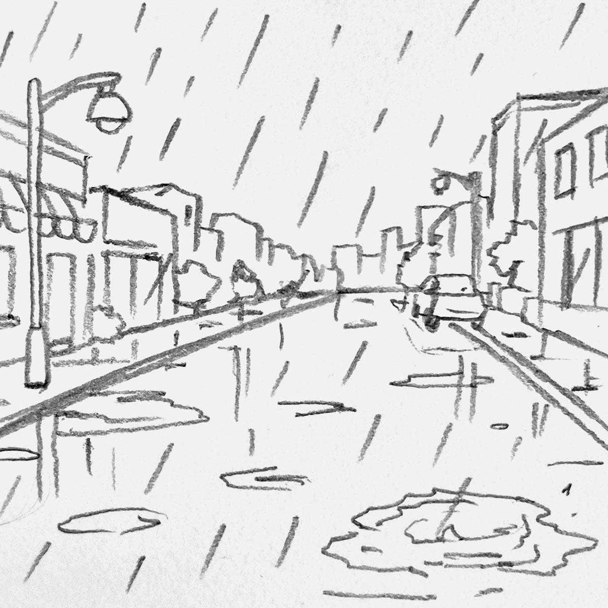 simple cartoon-style pencil drawing of a rainy street