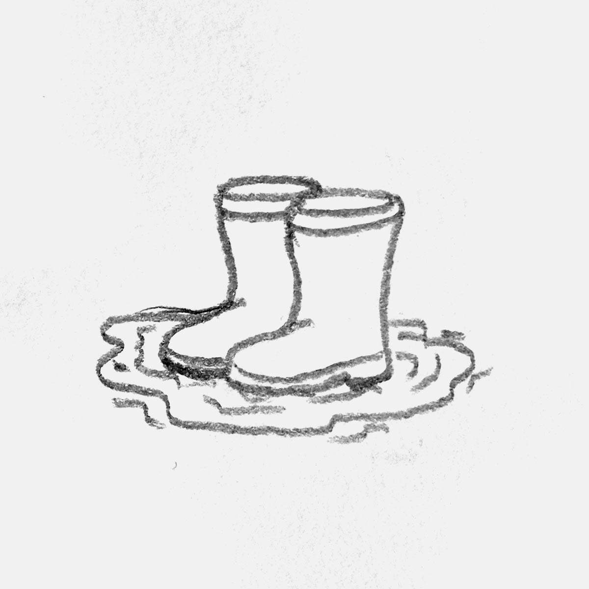 simple pencil drawing of boots standing in a puddle