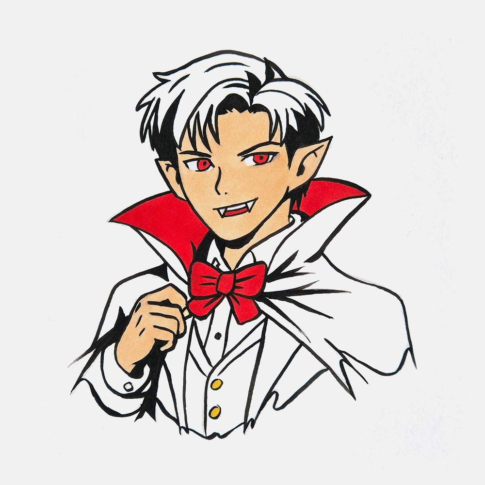 Use a golden yellow marker to color the two buttons on the waistcoat of the vampire