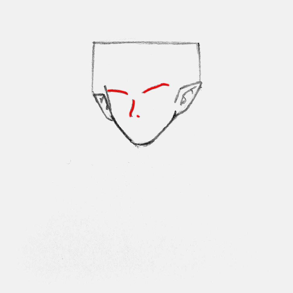 Sketch the nose and the eyebrows of the vampire